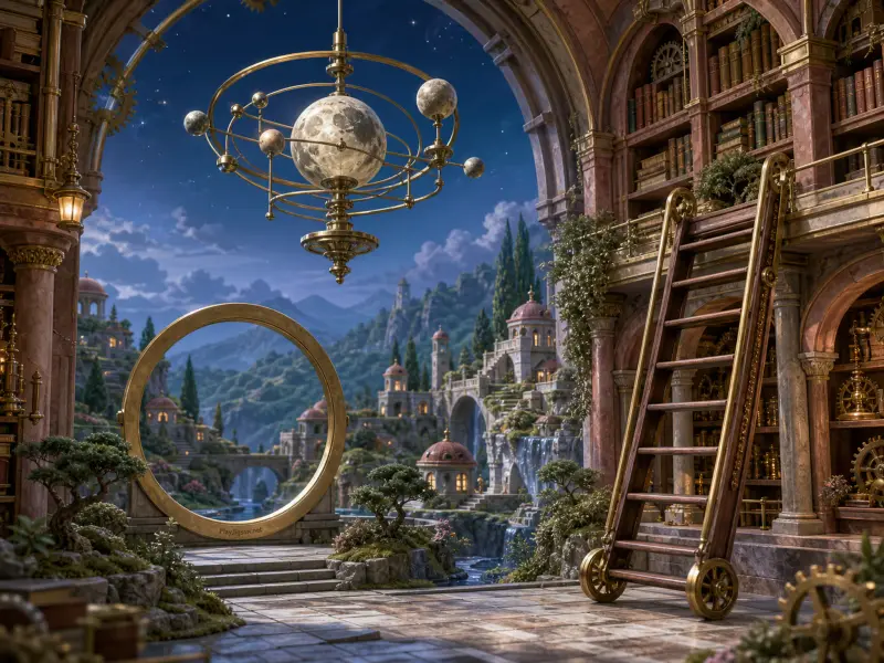 Brass moon orrery suspended inside a grand library terrace overlooking waterfalls and fantasy mountain pavilions.