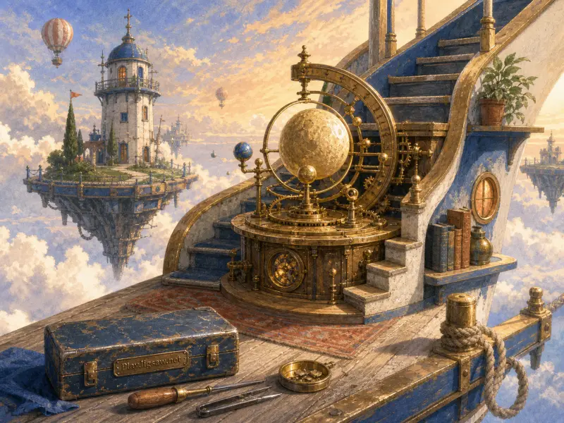 A brass celestial orrery on a sky ship deck overlooking floating islands with lighthouses among clouds.