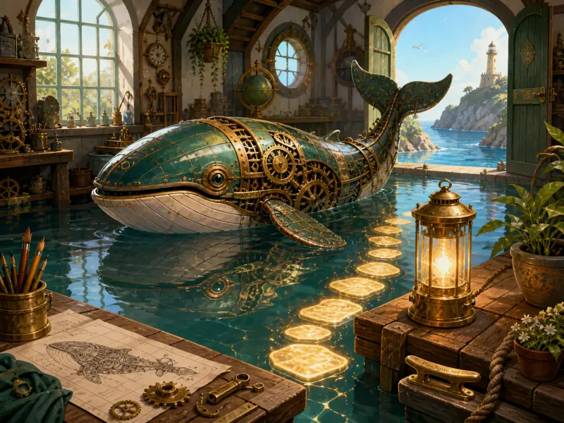 A mechanical brass and teal whale floats inside a flooded boathouse opening out to an ocean lighthouse.