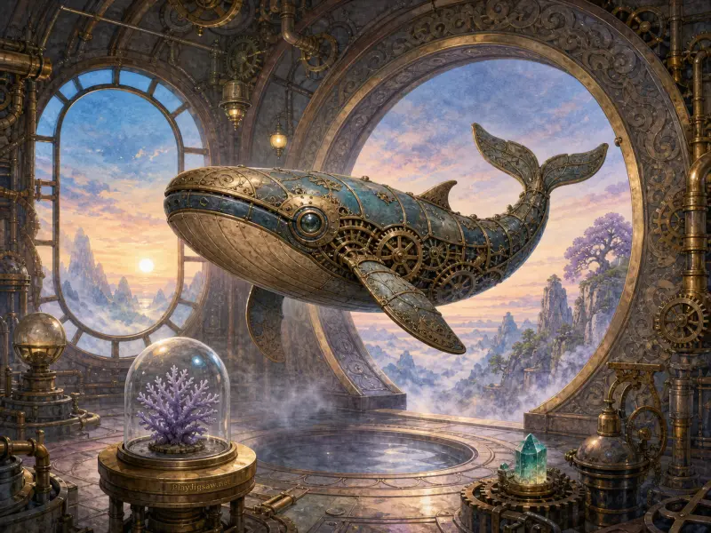 A mechanical brass whale floats inside an ornate steampunk observatory overlooking misty mountain peaks at sunrise.