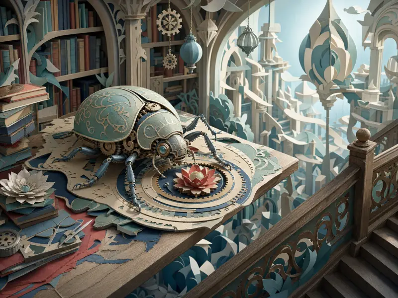 A detailed mechanical beetle stands on a wooden desk by an archway overlooking a layered papercraft city.