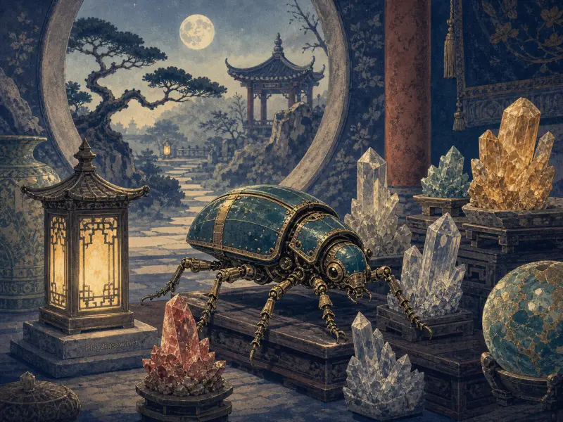 A brass and teal mechanical beetle stands among crystal clusters in front of a moon gate overlooking a night courtyard.