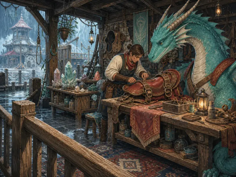 An artisan fits a leather saddle on a workbench beside a large turquoise dragon in a rainy harbor workshop.
