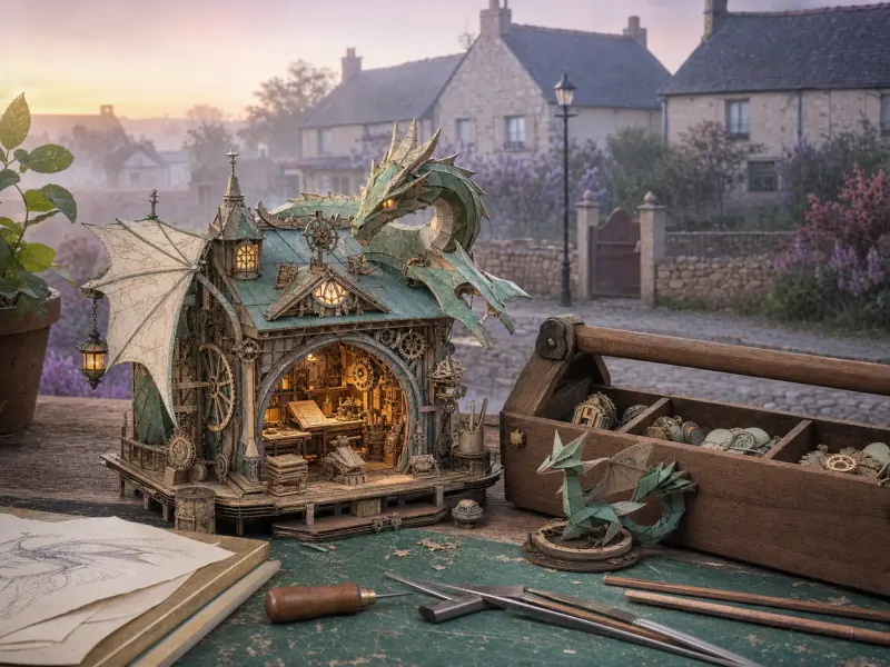 Intricate miniature wooden workshop with a green dragon coiled on the roof, sitting on a tool-strewn craft table.