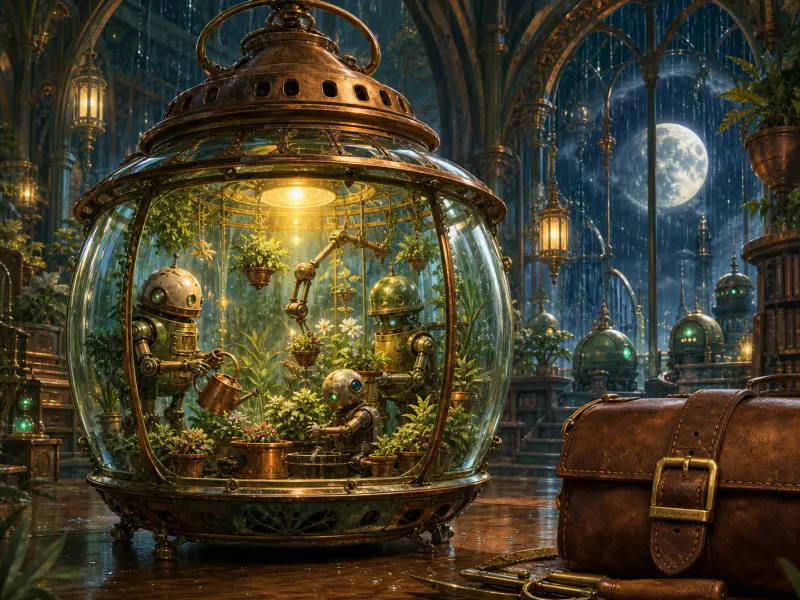 Small brass robots tend to potted plants inside a glowing glass dome during a rainy night with a full moon.
