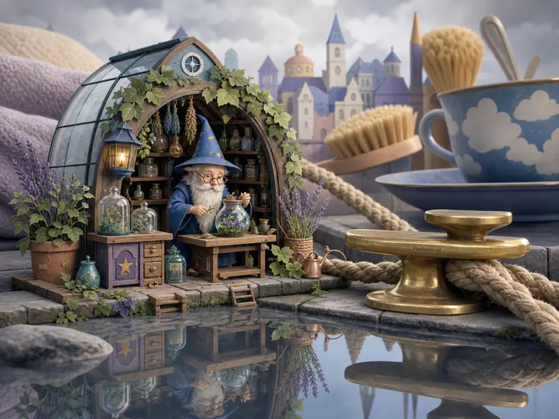 A miniature wizard tending to tiny plants inside an arched glasshouse on a stone dock beside water.