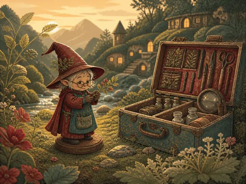 A tiny gnome in a pointed red hat inspects a botanical sprig next to an open toolkit in a peaceful hillside village.