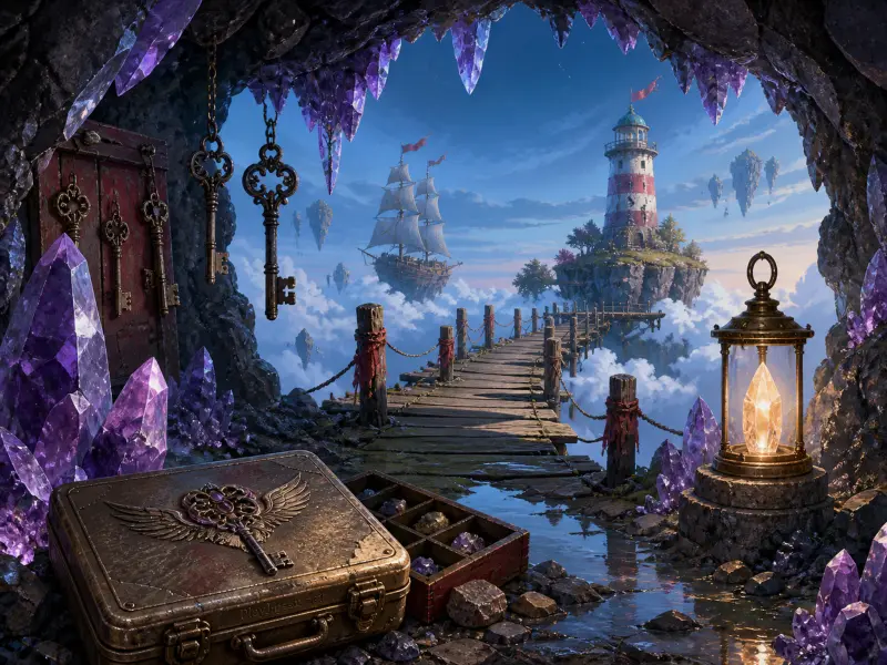 A wooden bridge leads from a purple crystal cave toward a lighthouse and flying ship floating in the clouds.