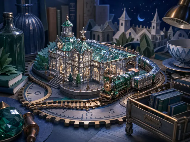 A miniature illuminated glass train station with a green steam train on a gear-shaped track atop a desk.