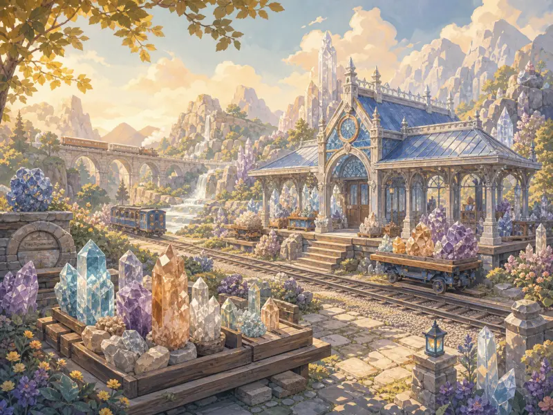 A fantasy mountain train station with carts laden with colorful quartz and amethyst crystals beside the tracks.