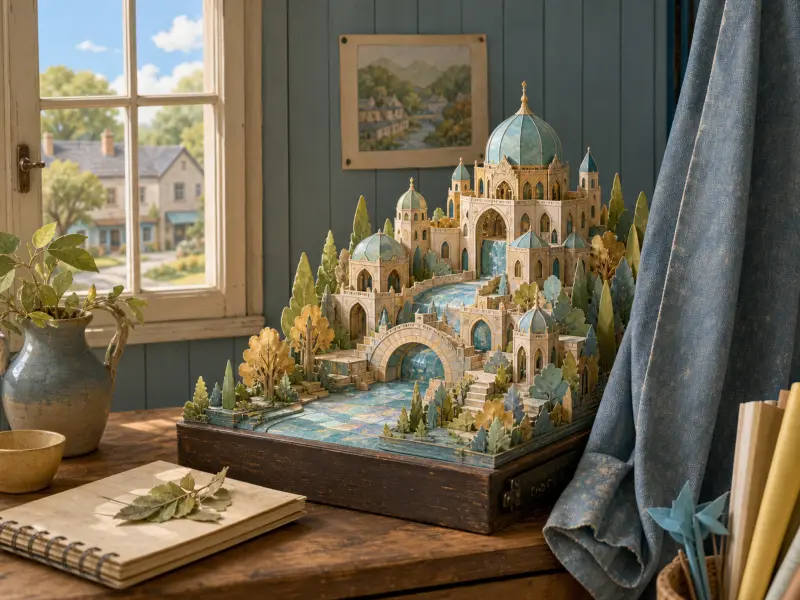 Intricate papercraft miniature palace with turquoise domes and bridges displayed on a wooden desk by a window.