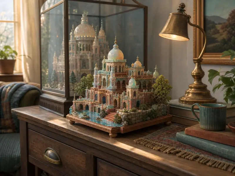 An intricate miniature crystal palace model sits on a wooden desk beside a lit brass lamp and books.