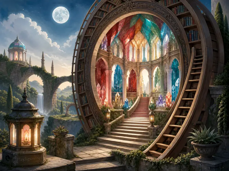 A circular wooden bookshelf arch leads to an ornate sanctuary filled with giant colorful crystal pillars beneath a full moon.