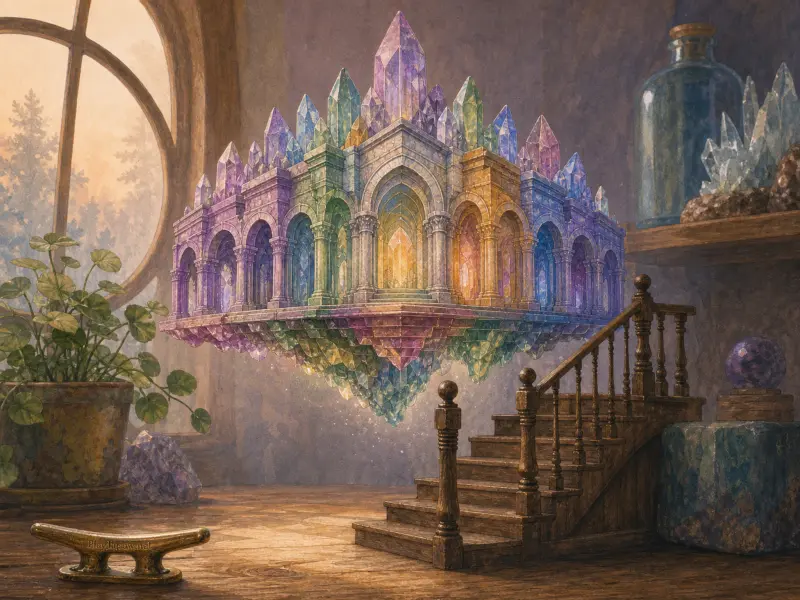 A miniature palace made of colorful glowing crystals floats in a cozy room beside wooden stairs and a potted plant.