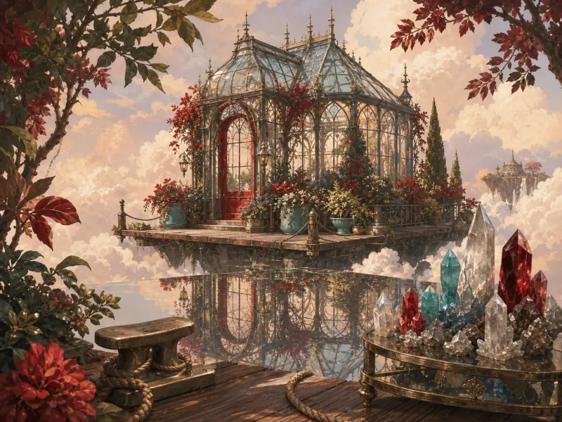 An ornate glass conservatory floats high in the clouds beside a tray of colorful crystals and still water.
