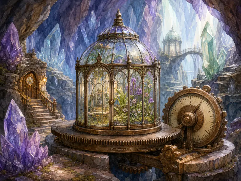An ornate brass and glass terrarium with blooming flowers sits atop gears in a crystal-filled cavern.