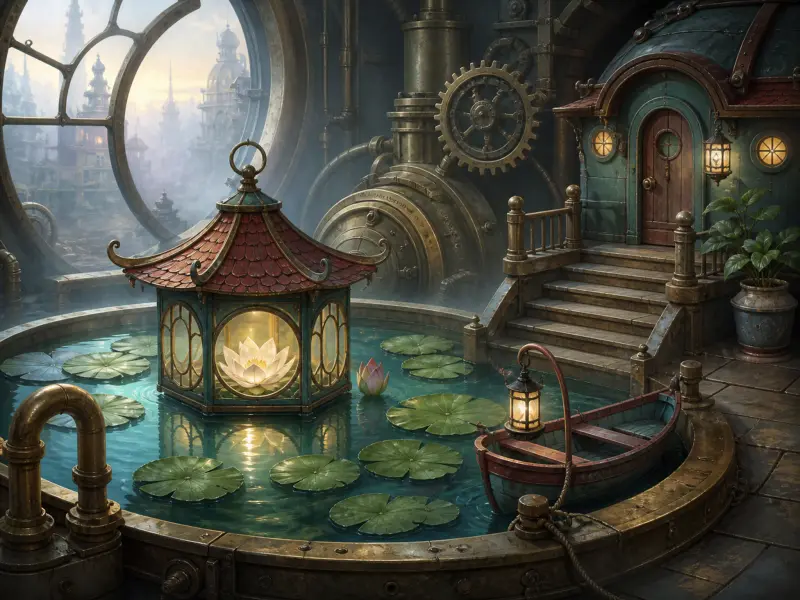 An indoor steampunk pond with lily pads, a glowing lotus in a pagoda, and large brass gears by a round window.