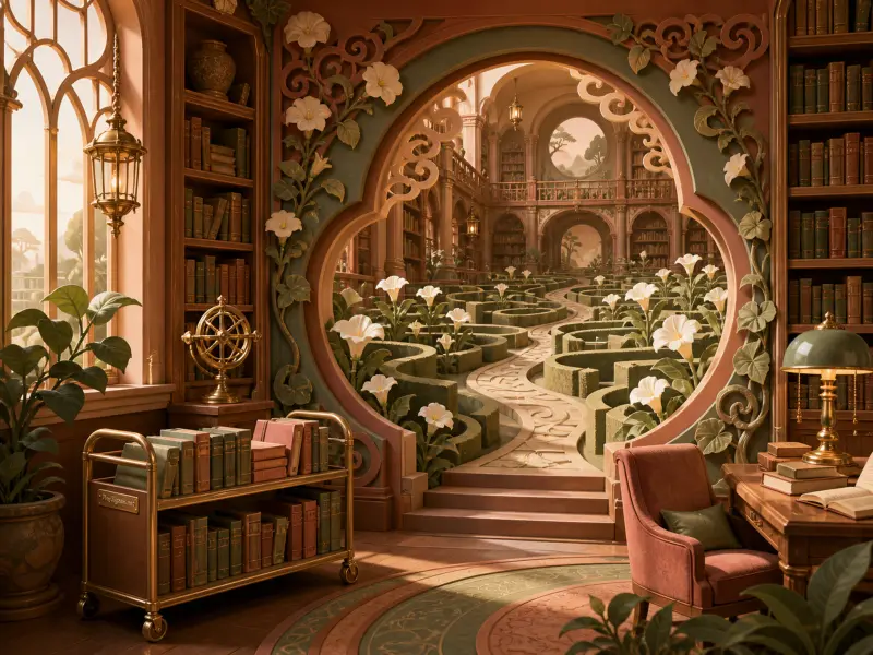 Ornate library with bookshelves and a desk opening into a winding hedge maze adorned with white flowers.