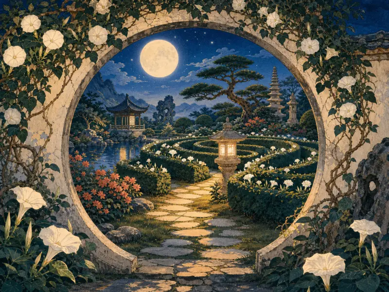 A moonlit Japanese garden with a pagoda and lantern viewed through a round stone arch draped in white flowers.