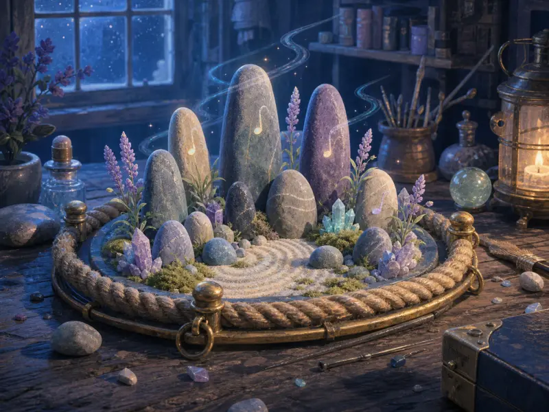 A tabletop zen garden with upright stones, glowing musical notes, crystals, and lavender on a wooden desk.