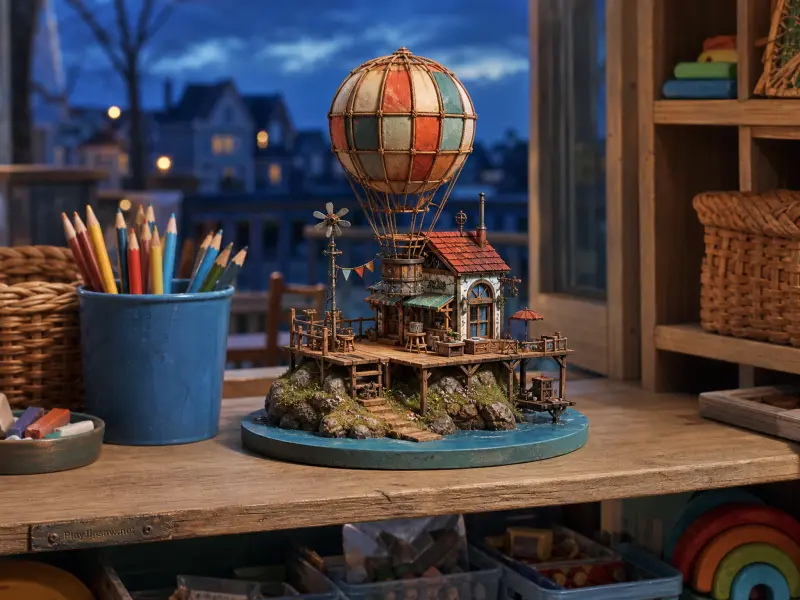 Miniature diorama of a cottage with a hot air balloon resting on a wooden windowsill beside colored pencils.