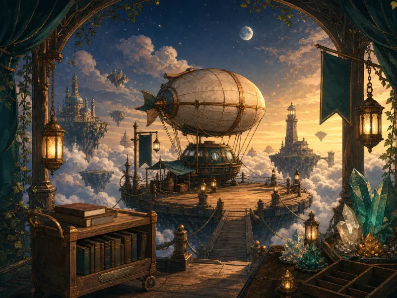 Steampunk airship docked on a floating wooden platform among clouds, floating islands, and glowing crystals.