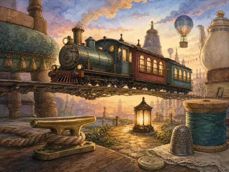 Miniature vintage steam train traveling across an elevated track surrounded by giant sewing items at sunset.