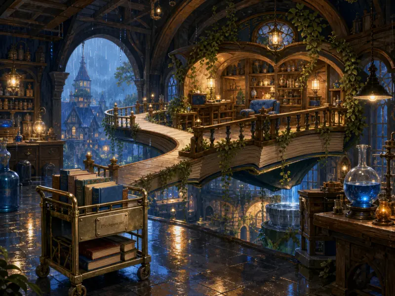 A fantasy library with a giant book-shaped bridge, hanging lanterns, and a large arch overlooking a rainy city.