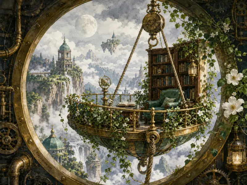 Brass circular balcony with an armchair and bookshelf suspended high above clouds and fantasy castles.