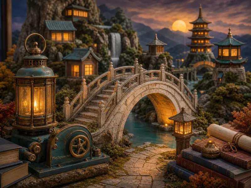 A miniature fantasy landscape featuring an arched stone bridge, glowing lanterns, pagoda towers, and stacked books.