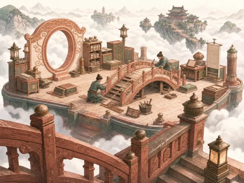 Two craftsmen construct a wooden bridge on an ornate floating platform high above misty clouds and distant pavilions.
