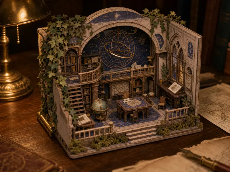Miniature diorama of a stone celestial library with ivy, an armillary sphere, and tiny bookshelves on a wooden desk.