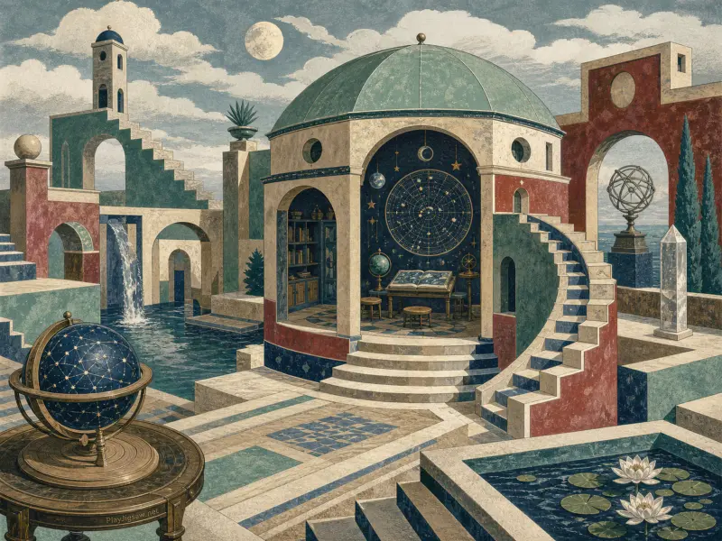 Classical domed pavilion filled with star maps and globes surrounded by stone staircases and tranquil water pools.