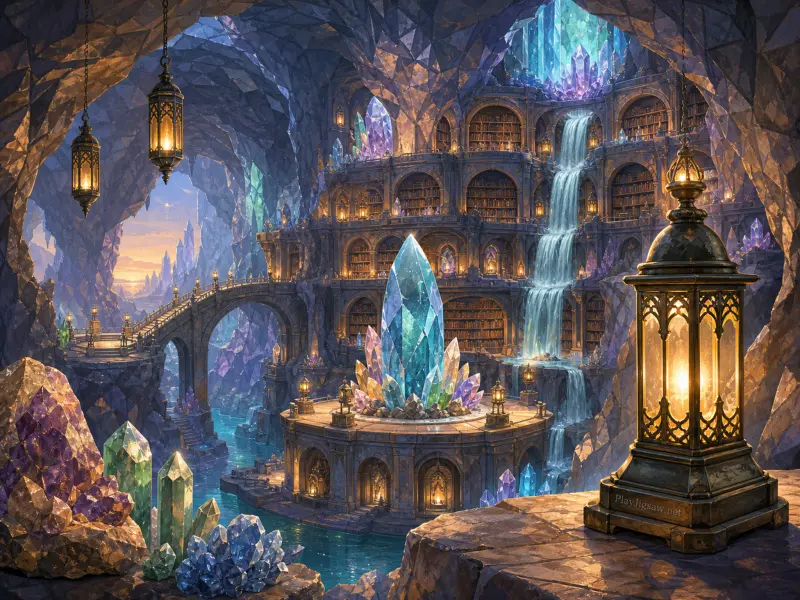 A tiered stone library inside a cavern with waterfalls, giant glowing crystals, and warm lanterns.