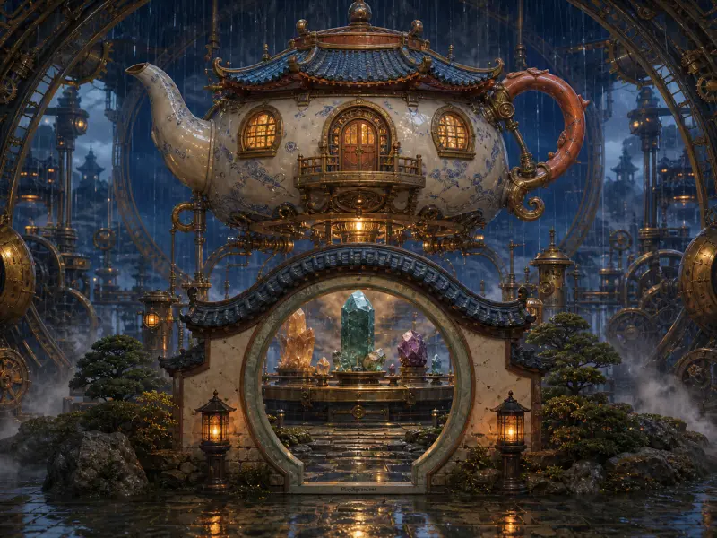 Fantasy porcelain teapot cottage perched above a circular stone gate revealing glowing crystals in a rainy courtyard.