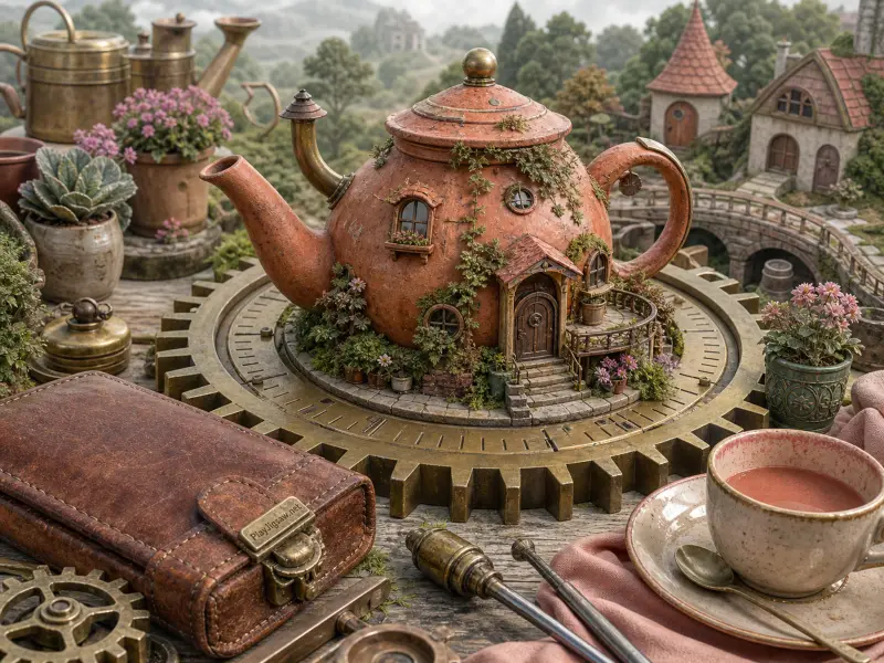 A miniature cottage built into an orange teapot sitting atop a large brass gear next to a cup of tea.