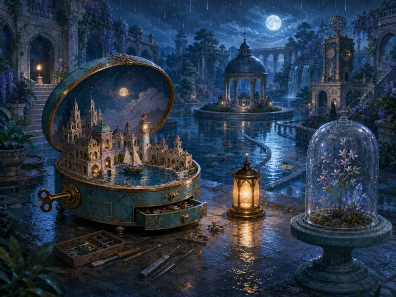 An open teal music box revealing a tiny harbor diorama beside a glowing lantern in a moonlit stone garden.