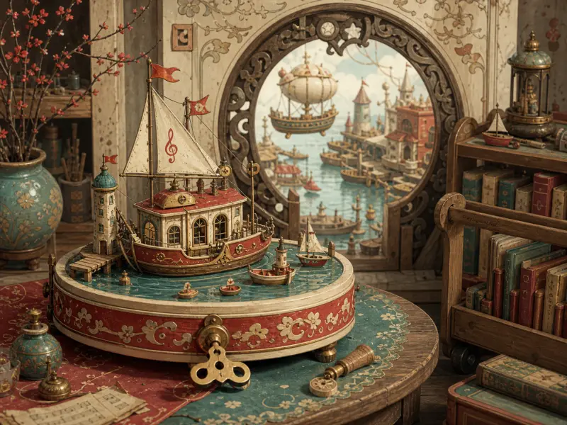 A miniature wind-up music box with toy ships on a table beside an ornate round window showing a fantasy port.