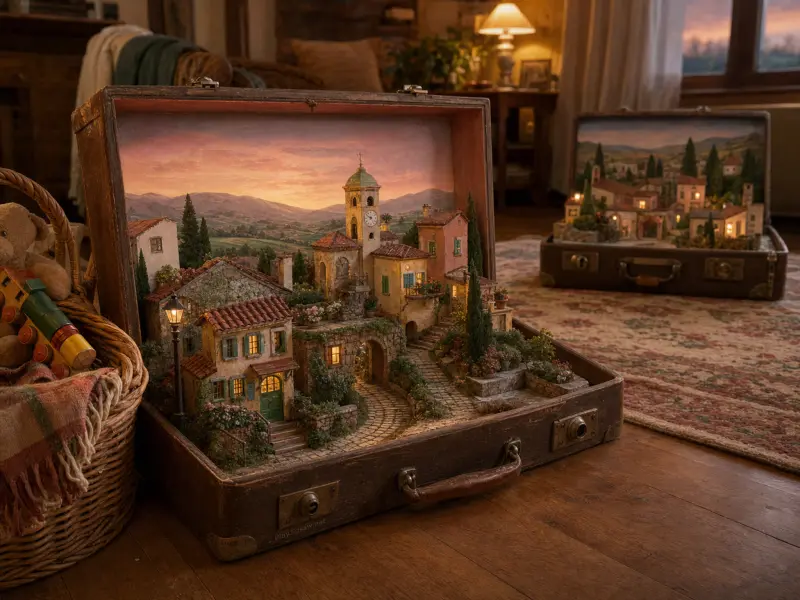 A miniature Italian hillside village with glowing windows built inside an open vintage suitcase on a wooden floor.