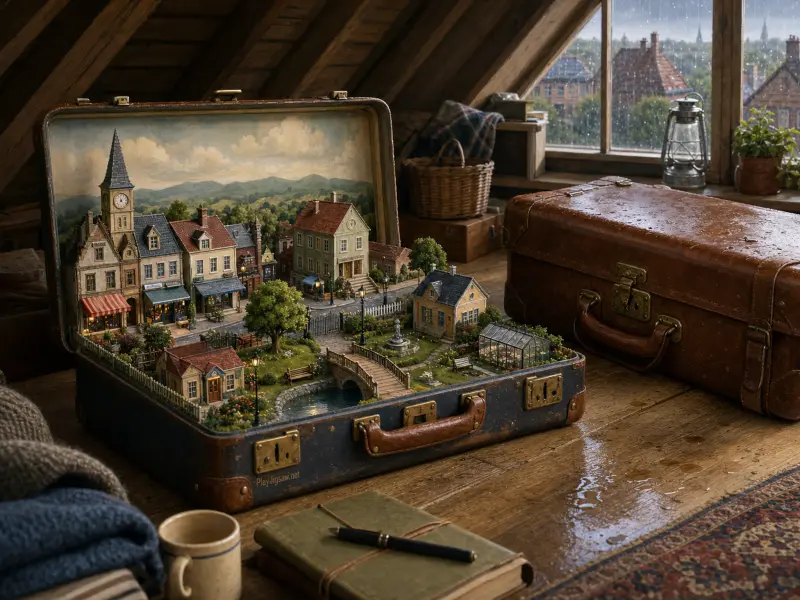 A miniature town built inside an open vintage suitcase resting on a wooden floor in a rainy attic room.