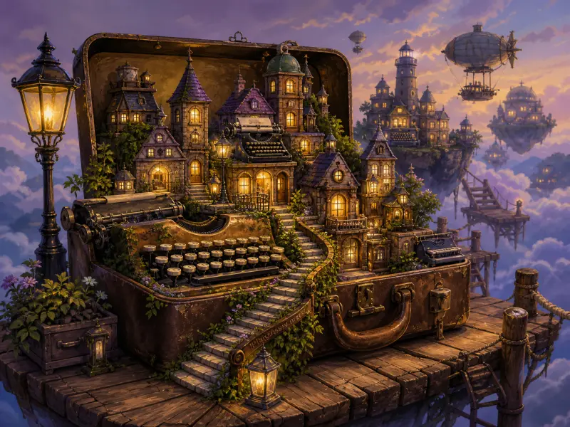 A miniature village with glowing windows and vintage typewriters built inside an open suitcase floating in the clouds.