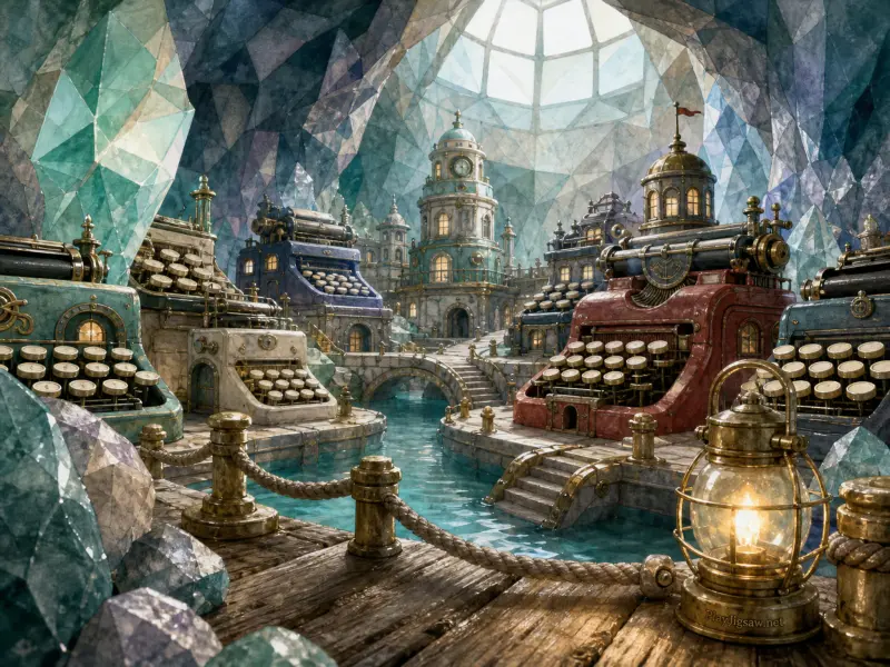 Typewriter-shaped buildings line a canal inside a faceted crystal cavern with a glowing lantern on a wooden dock.