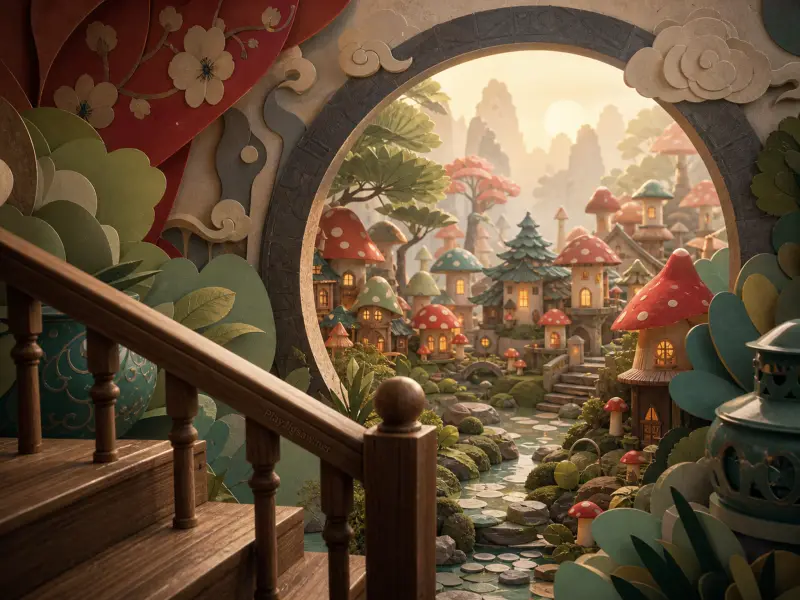 Mushroom houses nestled along a tranquil stream, seen through a decorative circular moon gate beside wooden stairs.