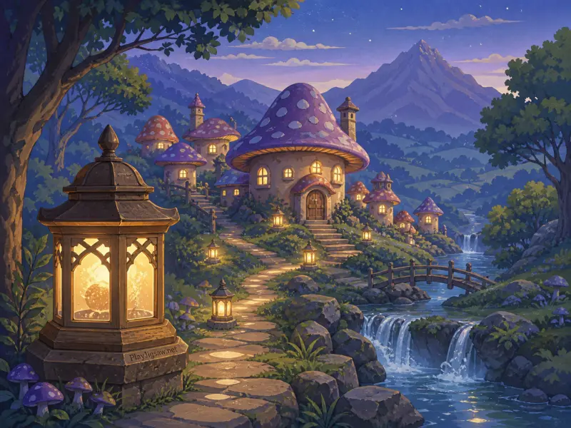 A hillside village of mushroom-roofed cottages with glowing lanterns along a stone path beside a waterfall.
