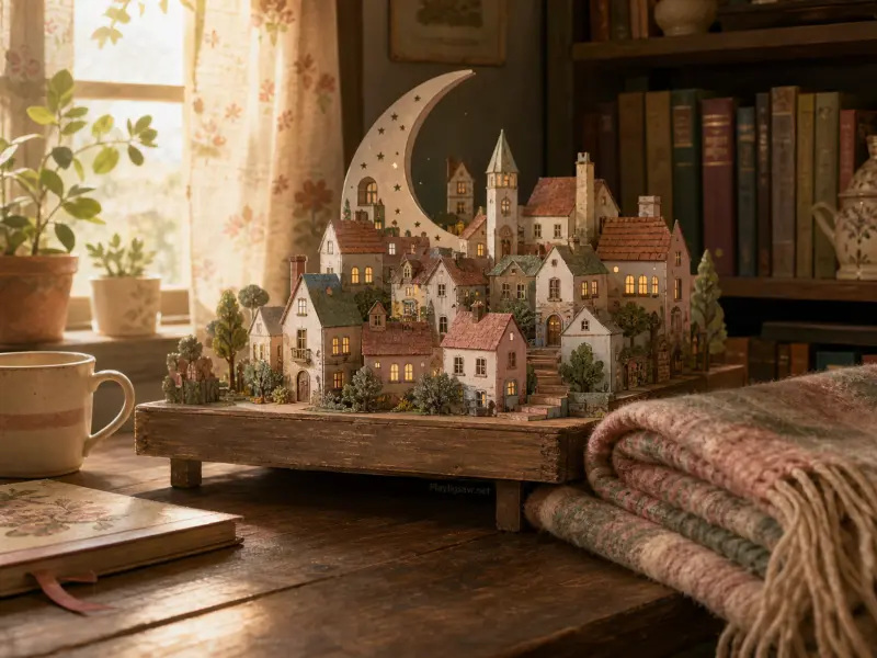 A miniature tabletop village with tiny houses and a crescent moon backdrop sits on a sunny desk near books.