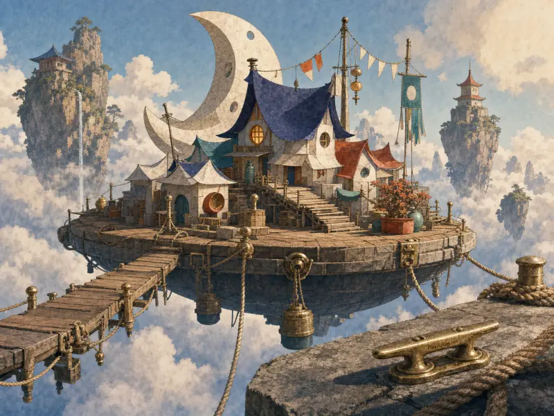 Whimsical village resting on a floating stone island beneath a giant crescent moon among misty sky pillars.