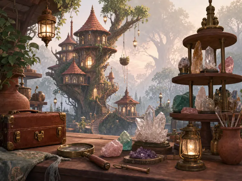 A magical treehouse village seen from a wooden workshop table covered in colorful crystals, lanterns, and tools.