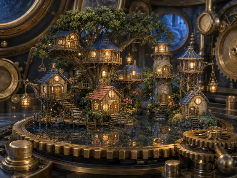 Miniature wooden village with a treehouse and lighthouse set within giant brass clockwork gears.