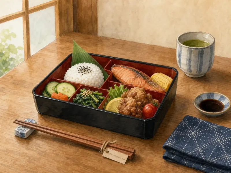 A Japanese bento box filled with rice, salmon, and sides on a wooden table next to green tea and chopsticks.