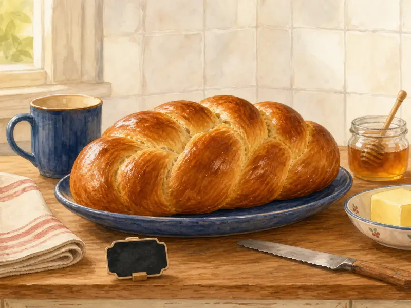 A glossy braided bread loaf on a blue ceramic platter beside a mug, honey jar, and butter on a wooden counter.